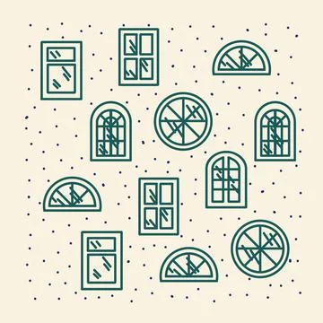 Pattern with various wooden window frames. Cartoon backing with doodle-style Stock Illustration