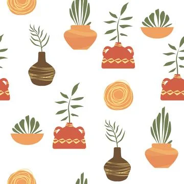 Pattern vase and plants in terra cotta colors. boho vector for home decor ,texti Stock Illustration