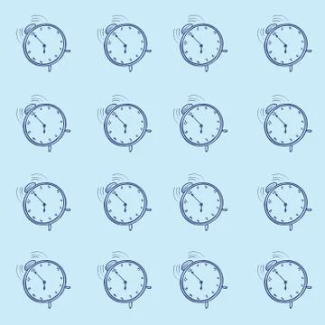 Pattern of a vector illustration of an alarm clock on a blue background. Watch Stock Illustration