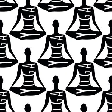 Pattern vector illustration black silhouette with text yoga sitting in lotus Stock Illustration