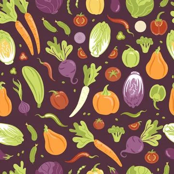 Pattern of vegetables in flat style. Various fresh vegetarian products Stock Illustration