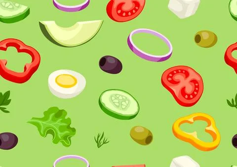 Pattern with vegetables. Fresh products for Greek salad. Mediterranean diet. Stock Illustration