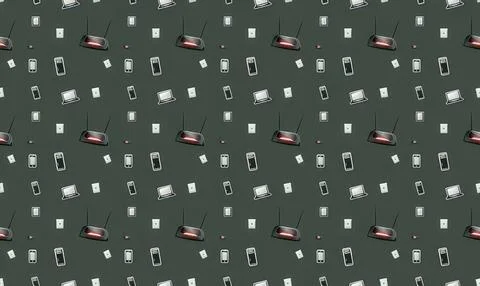 Pattern of vintage radios and cassette tapes on dark background Stock Illustration