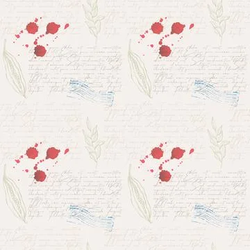 Pattern vintage with text Lorem Ipsum, seed pod and branch and stains of wine Stock Illustration