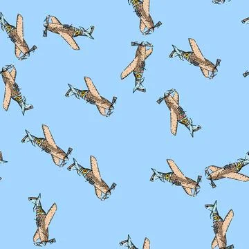 Pattern Vintage world war ii military fighter airplane drawing flying Stock Illustration