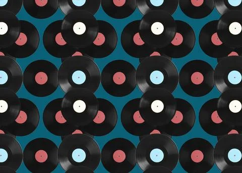 Pattern of vinyl records on blue background Stock Photos