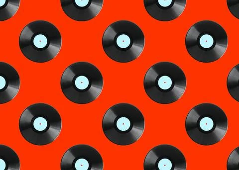 Pattern of vinyl records on red background Stock Photos