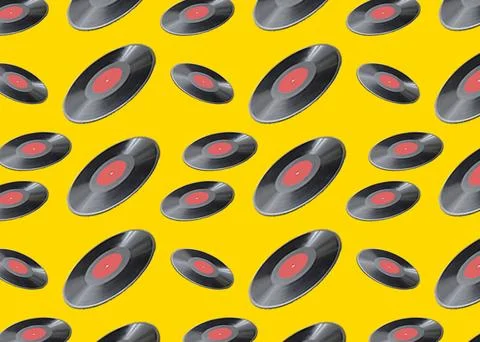 Pattern of vinyl records on yellow background Stock Photos
