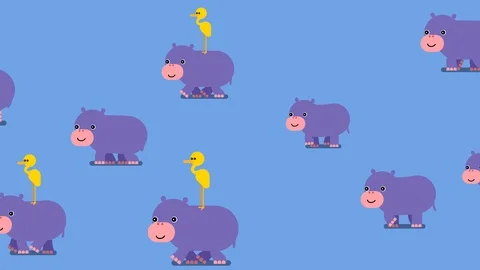 Pattern with violet baby hippos and yellow heron 库存影片 112582737