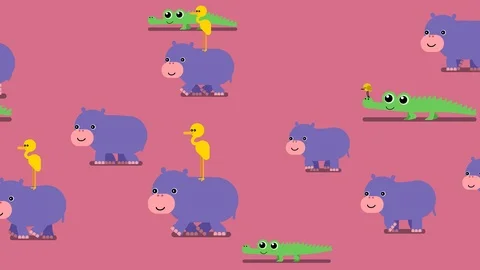 Pattern with violet baby hippos, yellow herons alligators and birds 库存影片 112624186