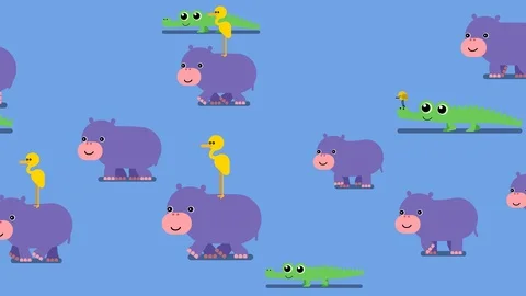 Pattern with violet baby hippos, yellow herons alligators and birds Stock Footage 112631929