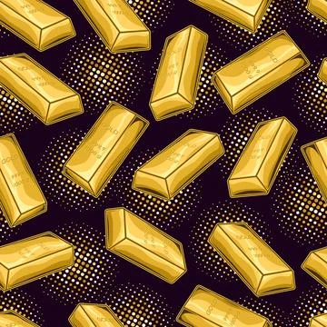 Pattern with volumetric pure gold bars and dotted halftone round shapes Stock Illustration