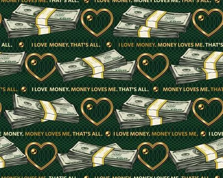 Pattern with wads of 100 dollar bills, text, heart Stock Illustration