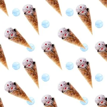 Pattern with Waffle ice cream cones painted watercolors isolated on white b.. Stock Illustration