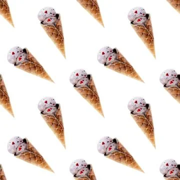Pattern with Waffle ice cream cones painted watercolors isolated on white b.. Stock Illustration