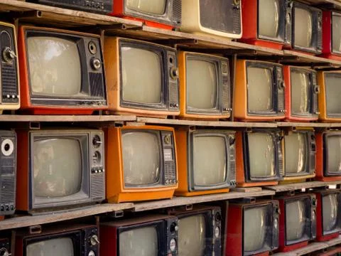 The Pattern wall of pile old retro TV bachground Stock Photos