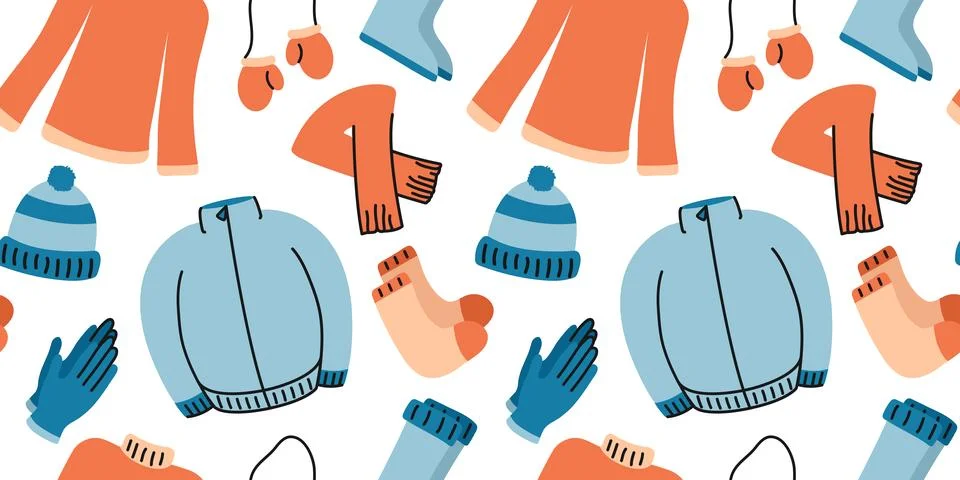 Pattern of warm winter clothes. Jacket, knitted sweater. Scarf, hat. Gloves and Stock Illustration