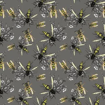 Pattern with wasps and flowers Stock Illustration