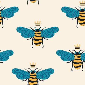 Pattern with wasps. Illustration with insects and a crown for textiles. A Stock Illustration