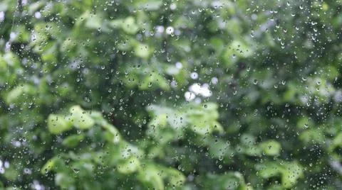 Pattern of water droplets after a rainstorm on a window looking out onto green f Stock Photos