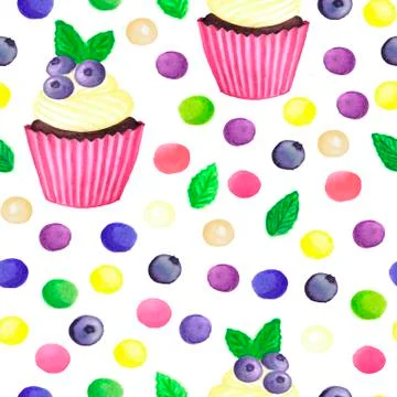 Pattern of watercolor colored dots cupcake with blueberries Stock Illustration