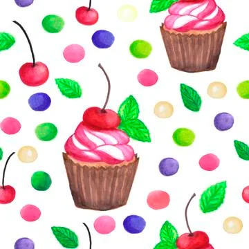 Pattern of watercolor colored dots cupcake with cherry Illustrazione stock