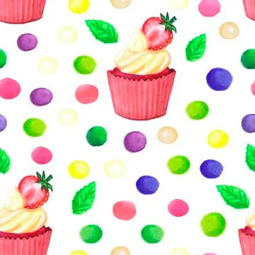 Pattern of watercolor colored dots cupcake with strawberry Stock Illustration