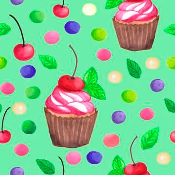 Pattern of watercolor colored dots cupcake with cherry Illustrazione stock