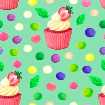Pattern of watercolor colored dots cupcake with strawberry Stock Illustration