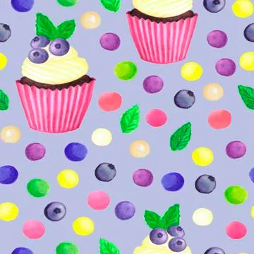 Pattern of watercolor colored dots cupcake with blueberries Stock Illustration
