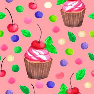 Pattern of watercolor colored dots cupcake with cherry Stock Illustration