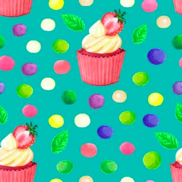 Pattern of watercolor colored dots cupcake with strawberry Stock Illustration