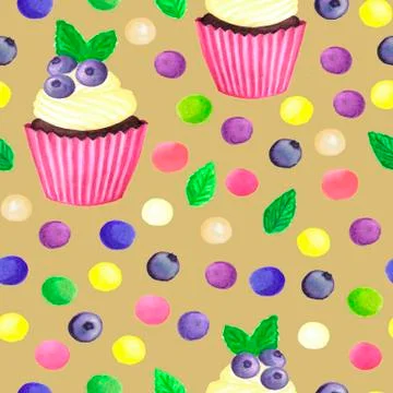 Pattern of watercolor colored dots cupcake with blueberries Stock Illustration