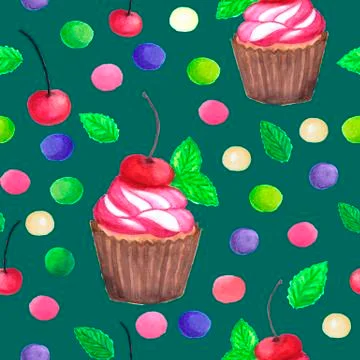 Pattern of watercolor colored dots cupcake with cherry 스톡 일러스트
