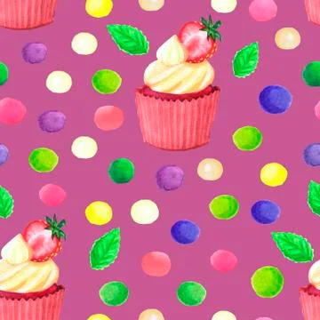 Pattern of watercolor colored dots cupcake with strawberry Stock Illustration