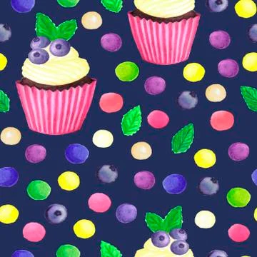 Pattern of watercolor colored dots cupcake with blueberries Stock Illustration