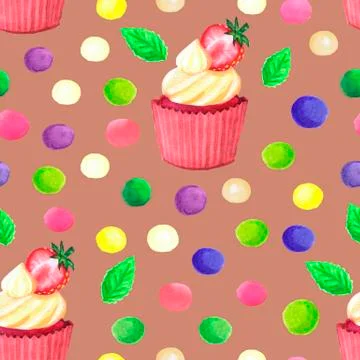 Pattern of watercolor colored dots cupcake with strawberry Stock Illustration