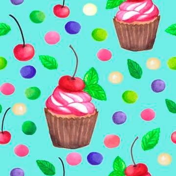 Pattern of watercolor colored dots cupcake with cherry Stock Illustration
