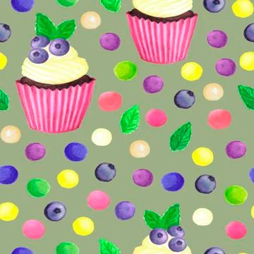 Pattern of watercolor colored dots cupcake with blueberries Stock Illustration