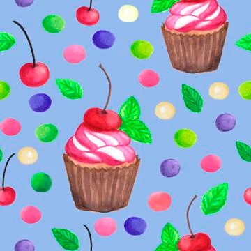 Pattern of watercolor colored dots cupcake with cherry 스톡 일러스트