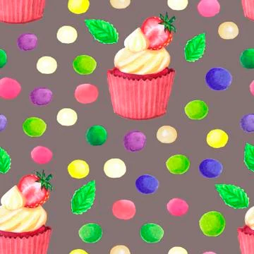 Pattern of watercolor colored dots cupcake with strawberry Stock Illustration
