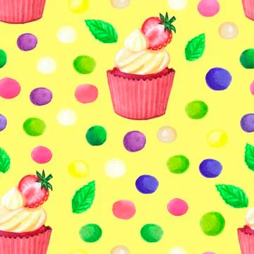 Pattern of watercolor colored dots cupcake with strawberry Stock Illustration