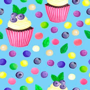 Pattern of watercolor colored dots cupcake with blueberries Stock Illustration