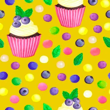 Pattern of watercolor colored dots cupcake with blueberries Stock Illustration