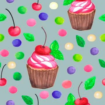 Pattern of watercolor colored dots cupcake with cherry イラスト素材