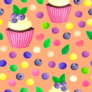 Pattern of watercolor colored dots cupcake with blueberries Stock Illustration