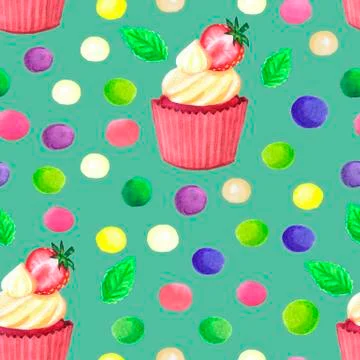 Pattern of watercolor colored dots cupcake with strawberry Stock Illustration