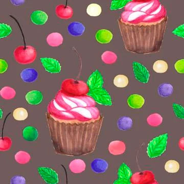 Pattern of watercolor colored dots cupcake with cherry Stock Illustration