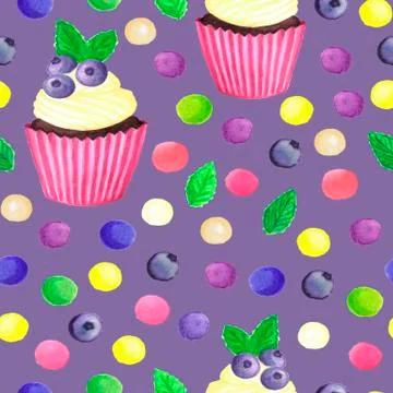 Pattern of watercolor colored dots cupcake with blueberries Stock Illustration