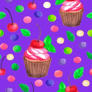 Pattern of watercolor colored dots cupcake with cherry Stock Illustration